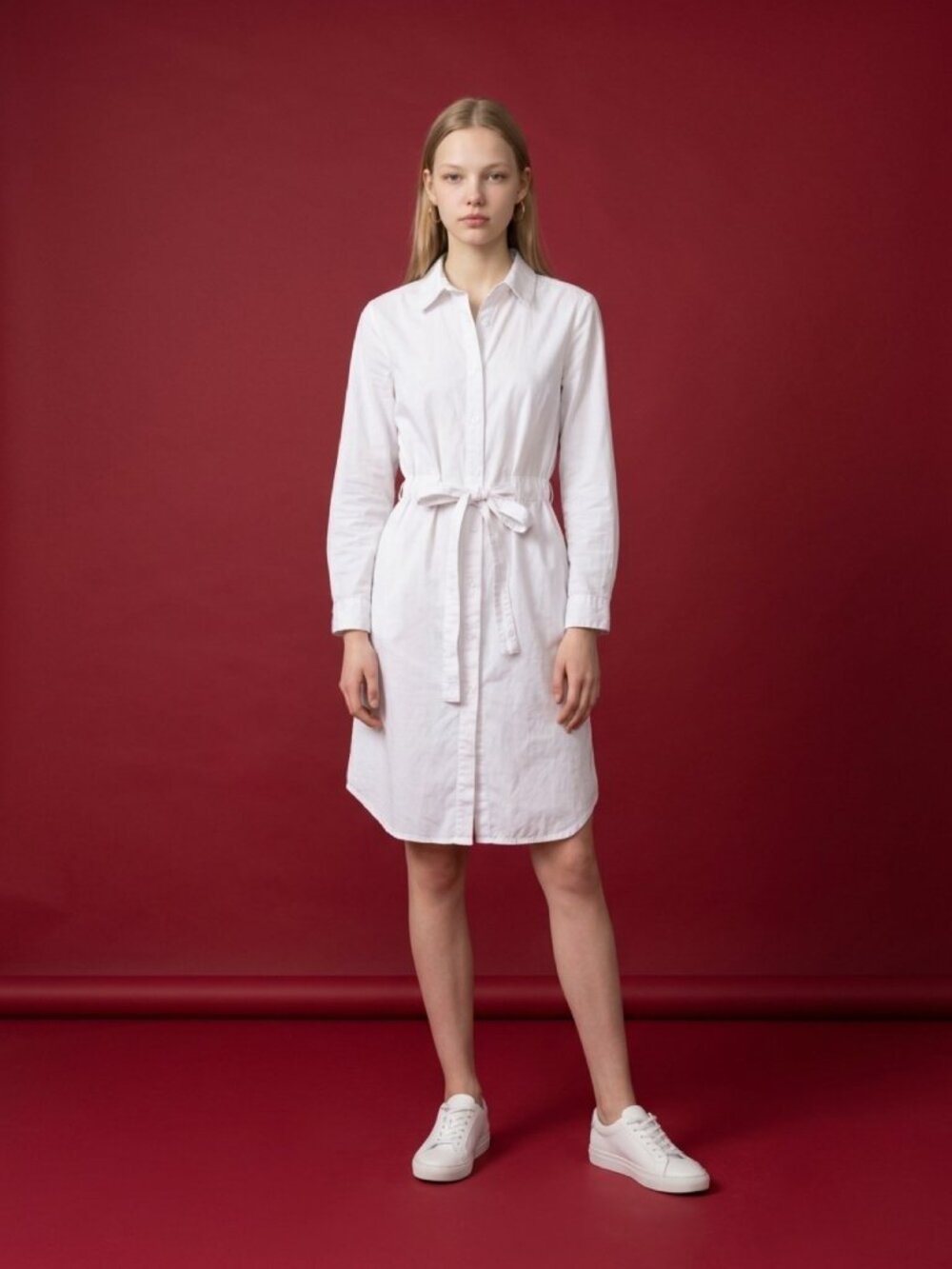 White Button-Down Belted Shirt Dress